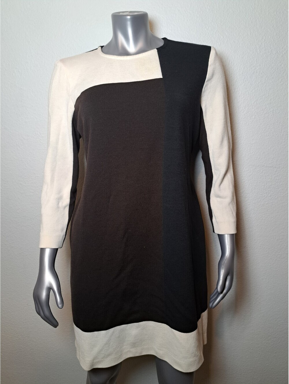 St. John Colorblock Knit Dress Nordstrom Ivory Black Brown Sheath Wool Size 16